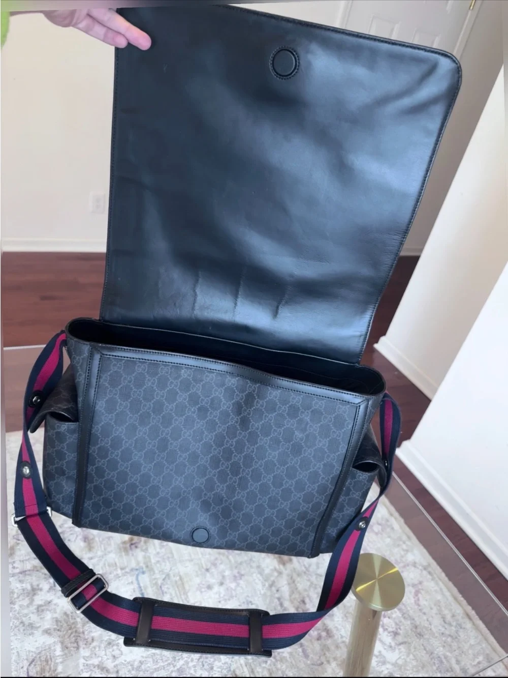 Gucci Black GG Supreme Diaper Bag with Red and Blue Web Strap
